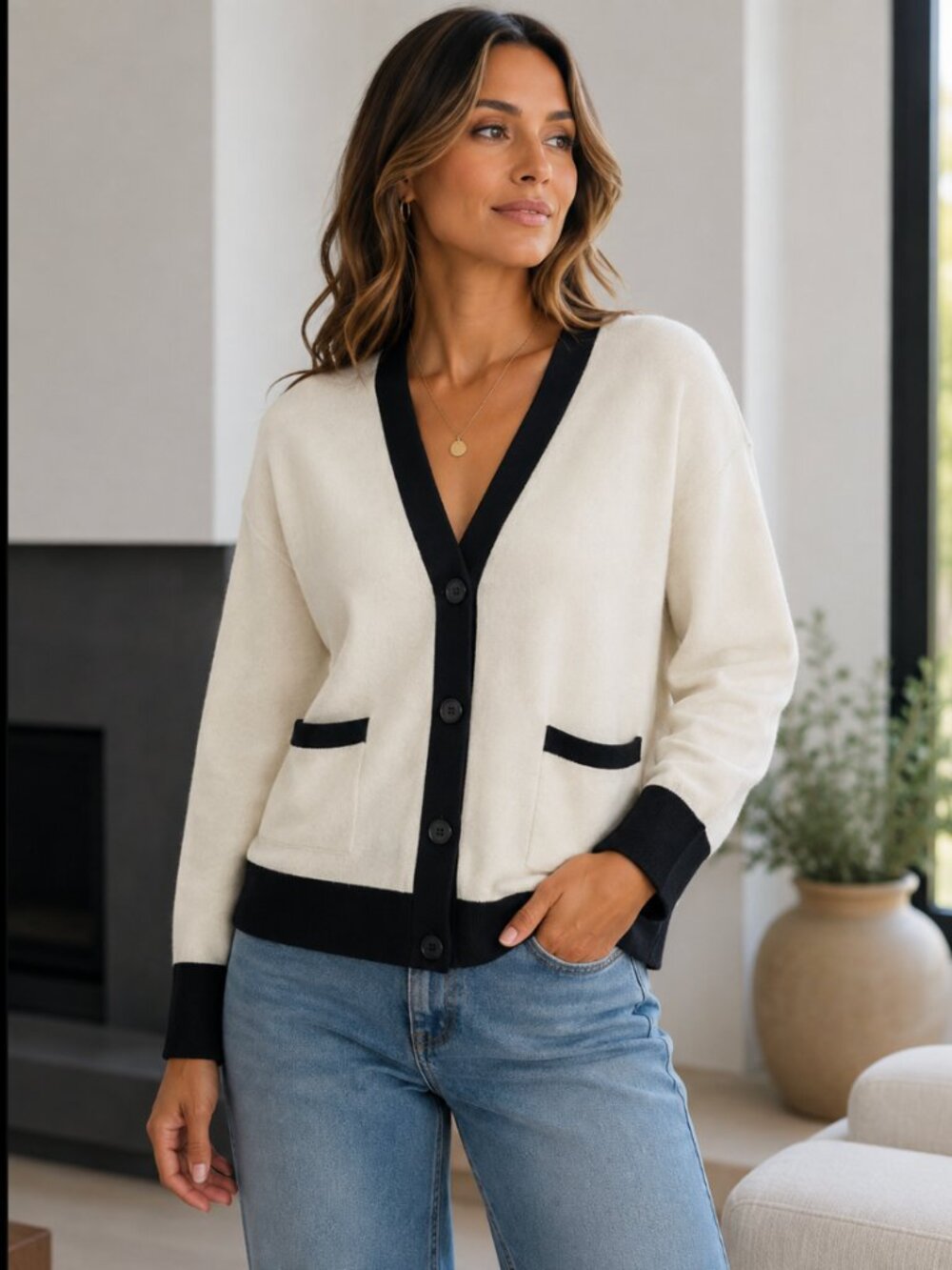 NWT Zara Cardigan in Ivory Cream White Small Navy